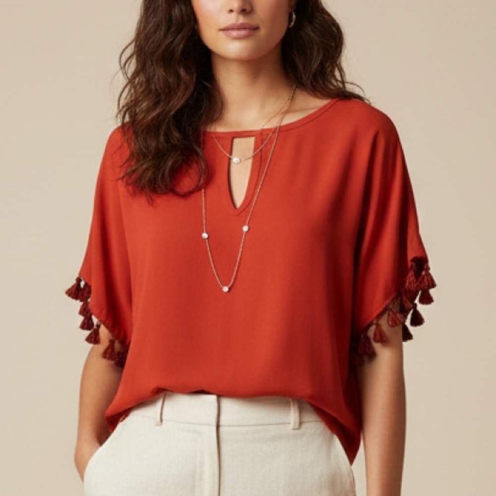 Trina Turk Short Sleeve Top Size M Red Keyhole Tassels Short Sleeves Relaxed